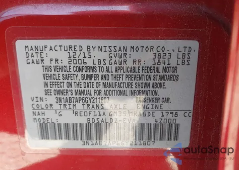 2016 Nissan Sentra Sv z USA, uszkodzony, nr VIN 3N1AB7AP6GY211807